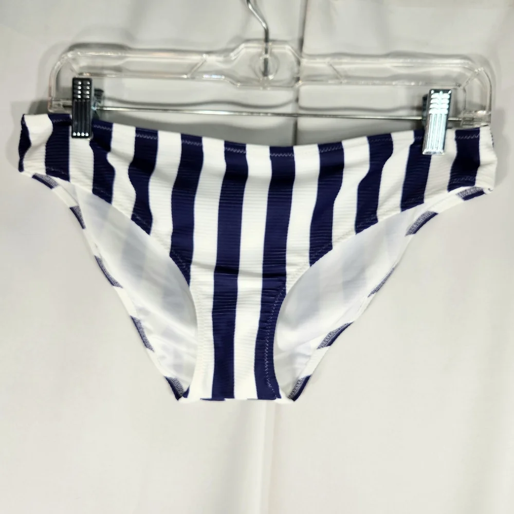Shade & Shore Navy & White Vertical Striped Horizontal Rib Bikini Bottoms Medium